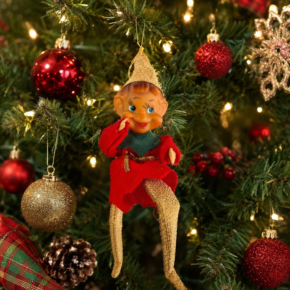 Vintage Christmas Pixie Elf Ornament Red Metallic Rubber Face Mid Century